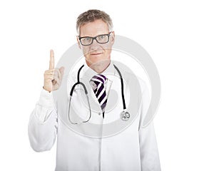 Serious Physician Showing Number One Hand Sign