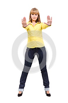 Serious woman making stop hand sign palm gesture