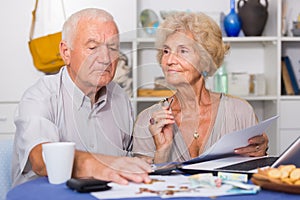 Serious retired couple calculating bills