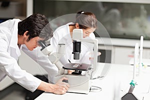 Serious science students using a microscope