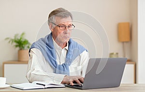 Serious senior gentleman at laptop computer sitting in modern office photo