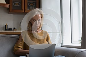 Serious senior lady using computer at home