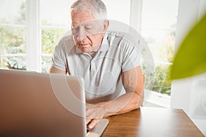 Serious senior man using his laptop