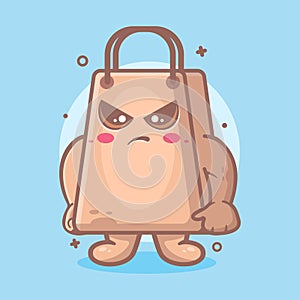 Serious shopping bag character mascot with angry expression isolated cartoon in flat style design