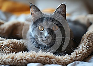 Serious Silver: A Glamorous Scottish Fold Nesting on a Gray Blan