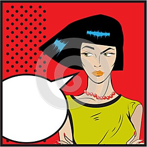 Serious strict woman backdrop retro Pop Art illustration of girl with the speech bubble.Pop Art girl.