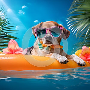 Serious stylish beagle dog in sunglasses resting on inflatable mattress in a swimming pool by the sea or river in summer holiday