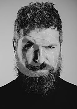 Serious stylish bearded man. Handsome young man isolated. Close up portrait of severe hot bearded guy with stylish