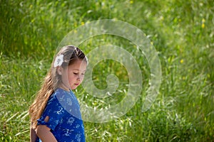 Serious and Thoughtful Little Girl in Blue Dress in front of golden field at Park