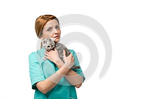 serious veterinarian holding cute little kitten and looking at camera