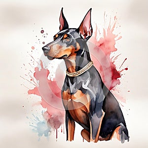 Serious Watercolor Doberman clipart, aquarela style, pink colors. Generative AI photo