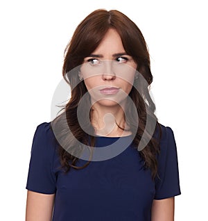 Serious woman looking aside isolated photo