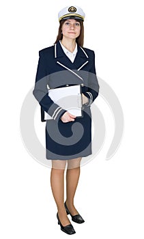 Serious woman in uniform sea captain with tablet