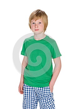 Serious young boy on the white background