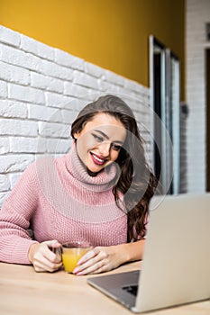 Serious young European woman calculating domestic expenses, sitting at dining table in front of open laptop computer