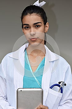 Serious Young Hispanic Female Doctor With Tablet