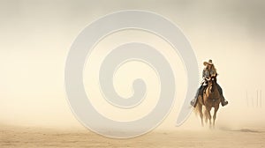 Serious young woman riding a horse wearing a cowboy hat in the dust of the prairie.