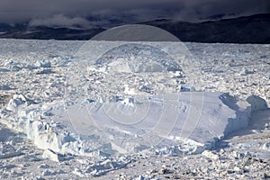 Sermeq Kujalleq Glacier, also Jakobshavn Glacier or known as Ilulissat Glacier seen from an airplane, Greenland