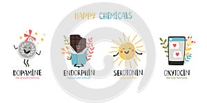 Serotonin, endorphin, dopamine, oxytocin. Hormones colorful vector illustration. Mood stabilizer, love hormone, reward