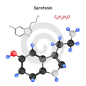 Serotonin. Happiness Hormone. Chemical structural formula and model of molecule