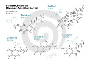 Serotonin, Melatonin,  Dopamine, Adrenaline, Cortisol. Hormones. Structural Chemical Formula and Molecule Model. Line Design.