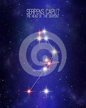 Serpens Caput the head of the serpent constellation on a starry space background with the names of its main stars. Relative sizes photo