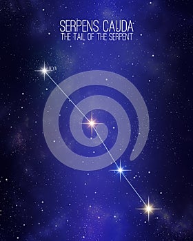 Serpens Cauda the tail of the serpent constellation on a starry space background with the names of its main stars. Relative sizes photo