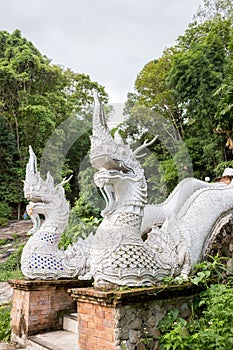The Serpent statue (naga) on the ladder at the entrance to Thai