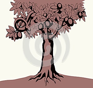 Serpent on the tree. Knowledge of good and evil. Vector drawing