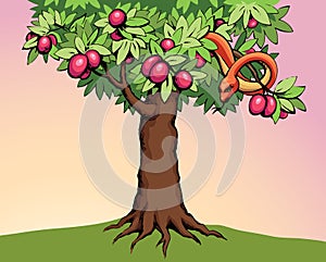 Serpent on the tree. Knowledge of good and evil. Vector drawing