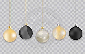 Set of realistic Christmas balls isolated on transparent background. Black, gray, gold matte elegant balls for design, mockup.