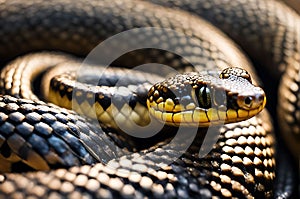 Serpentine Elegance: Close-Up Photo of a Coiled Snake, Scales Glistening with Morning Dew, Eyes Sharply in Focus