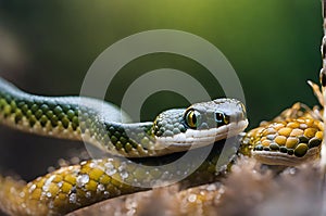 Serpentine Elegance: Close-Up Photo of a Coiled Snake, Scales Glistening with Morning Dew, Eyes Sharply in Focus photo