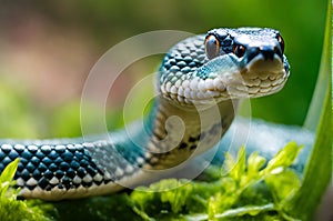 Serpentine Elegance: Close-Up Photo of a Coiled Snake, Scales Glistening with Morning Dew, Eyes Sharply in Focus photo