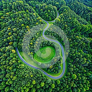 Serpentine road through mountains and forest nature