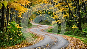 Serpentine Road Surrounded by Thick Forest Canopy, A winding country road surrounded by a canopy of beautiful autumn leaves, AI