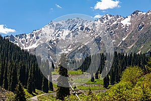 Serpentine road to the Big Almaty Lake. Hills in the Zailiyskiy Alatau Mountains, Tien Shan mountain system in Kazakhstan..Big