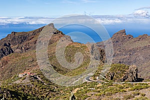 Serpentine switchback at Mirador de Cherfe, Teno mountain range, Tenerife, Spain
