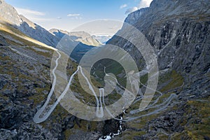 Serpentines of famous mountain road Trollstigen, or Troll Stigen, in Norway. Dramatic mountain valley with road winding