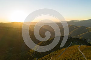 Serra da Freita drone aerial view in Arouca Geopark road at sunset, in Portugal