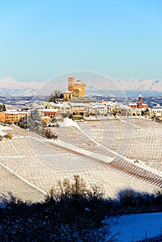 Serralunga castle in langhe region of northern Italy in winter w