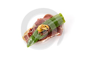 Serrano ham, green pepper and green olive spanish pintxo