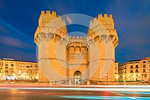 Serrano Towers old city gate in Valencia on night time, Spain, E