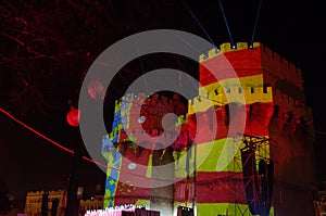 Serranos towers, Valencia. Torres de Serrano con la bandera de Valencia durante la Crida de las Fallas photo