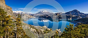 Serre Poncon Lake from Le Rousset in Winter panoramic. Hautes Alpes, Alps. France