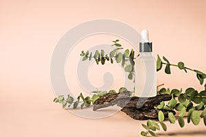 Serum bottle with fresh leaves at pastel background.