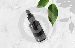 Serum bottle with pipette and defocused leaves on luxury marble background 3d realistic vector illustration, top view