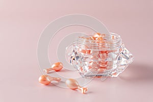 Serum capsules for healthy skin. Anti-wrinkle rejuvination of the skin. Beauty product presentation. Mockup for designers