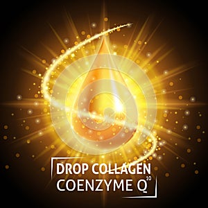 Serum Collagen Coenzyme, realistic golden drop. Taking care of the skin. Anti age hyaluronic serum. Design cosmetics