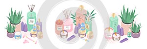 Serum,creams,candles,oil,crystals,diffuser and aloe  illustration bundle